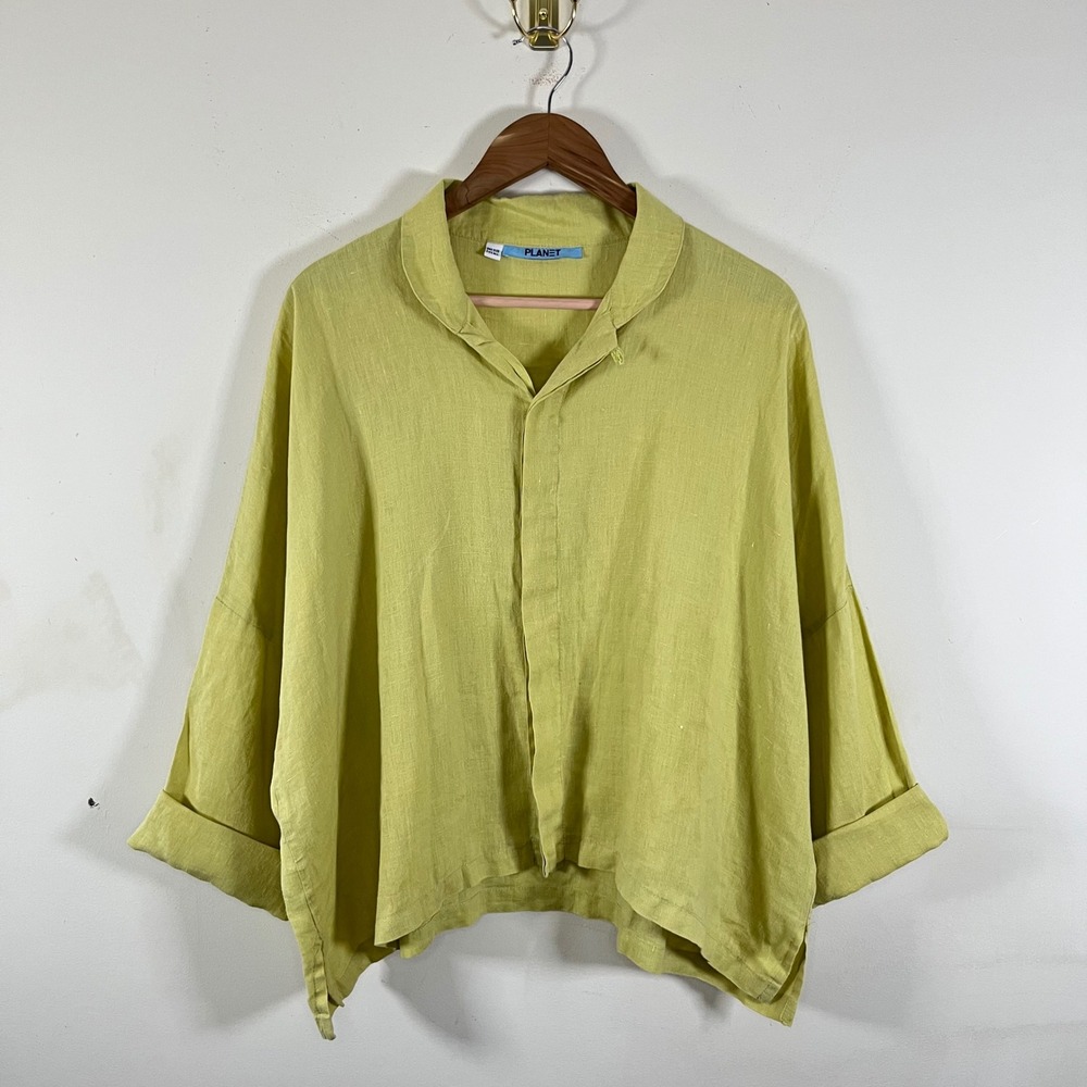 Planet By Lauren G Linen Chartreuse Green Signature Shirt Lagenlook USA Made OS - Picture 1 of 8